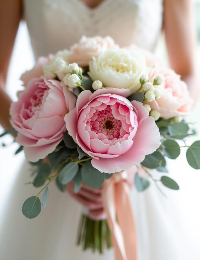 Ramo de novia artesanal con peonías y eucalipto