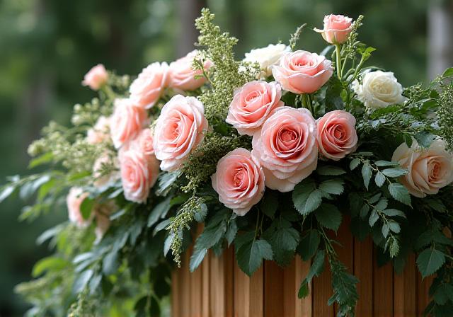 Decoración de altar con flores frescas en tonos rosados