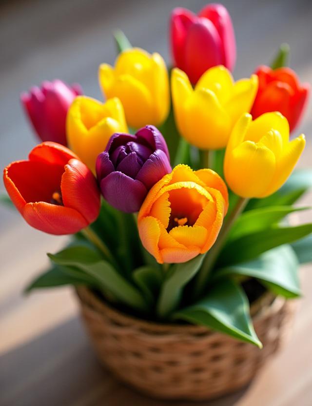 Cesta de tulipanes variados